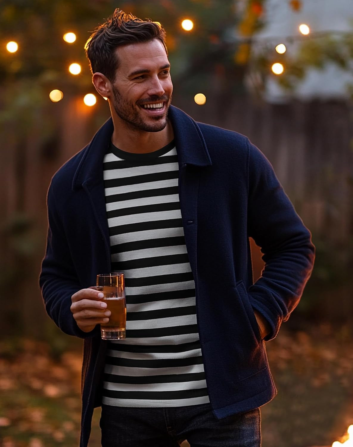 Men'S Casual Cotton Spandex Striped Crewneck Long-Sleeve T-Shirt Basic Pullover Stripe Tee Shirt